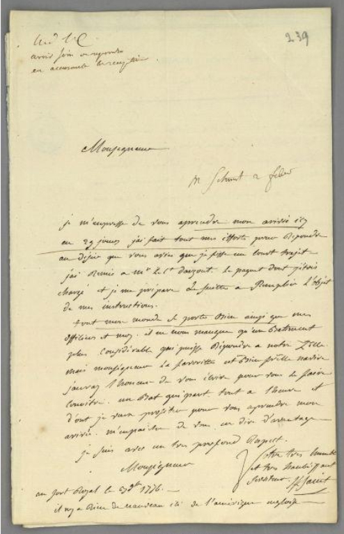 Lettre du comte de Kersaint qui annonce son arrivée à la Martinique avec la frégate la Favorite (3 novembre 1776)